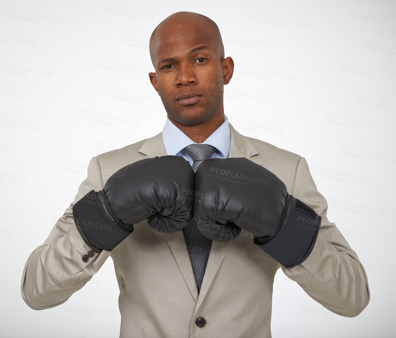 Buy stock photo Businessman, portrait and boxing gloves for corporate competition for opportunity, rival or victory. Black man, face and confidence to fight for promotion in studio white background, career or mockup