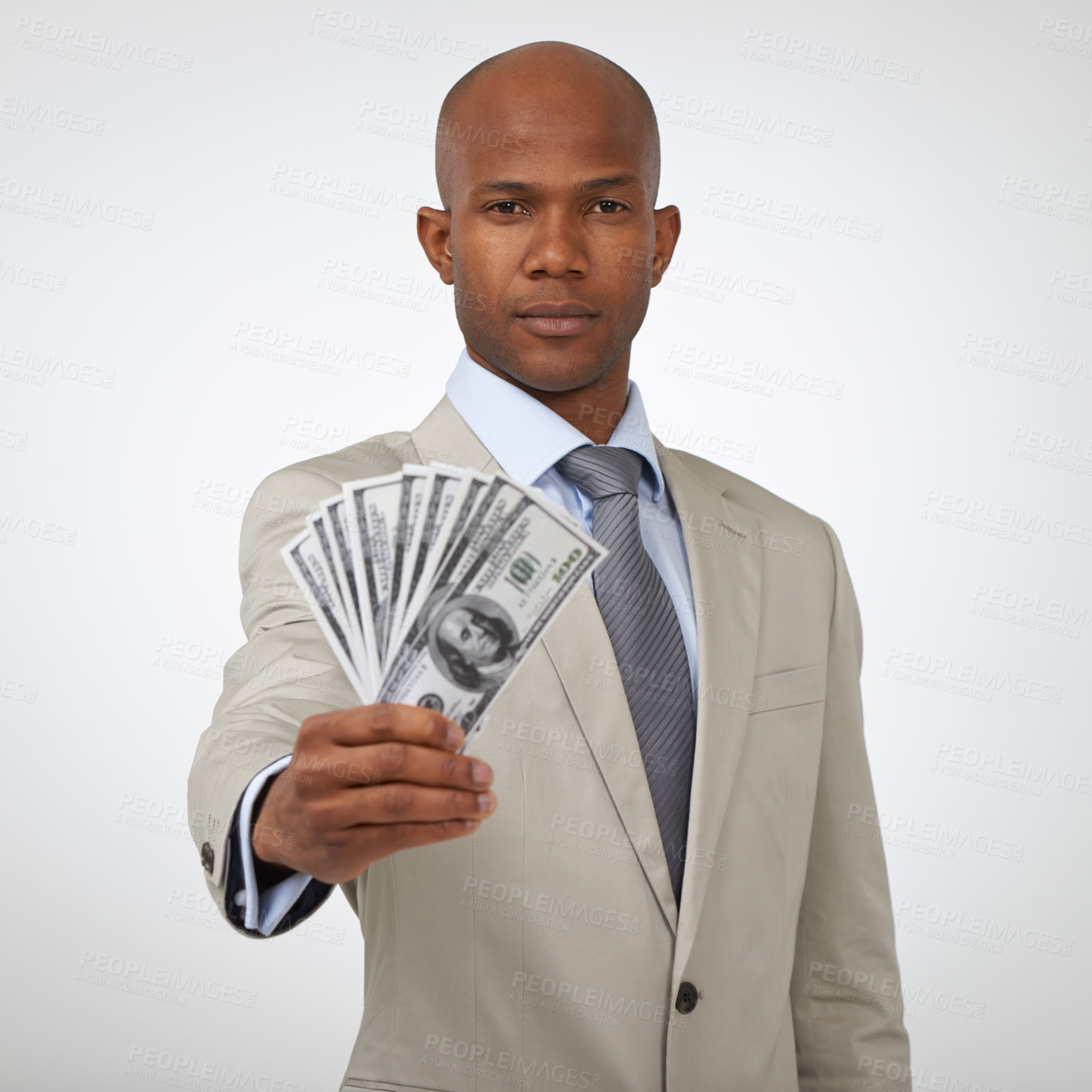 Buy stock photo Businessman, portrait and money fan for finance, wealth or savings on a gray studio background. Black man or employee in business fashion with cash, dollar bills or paper for financial or investment