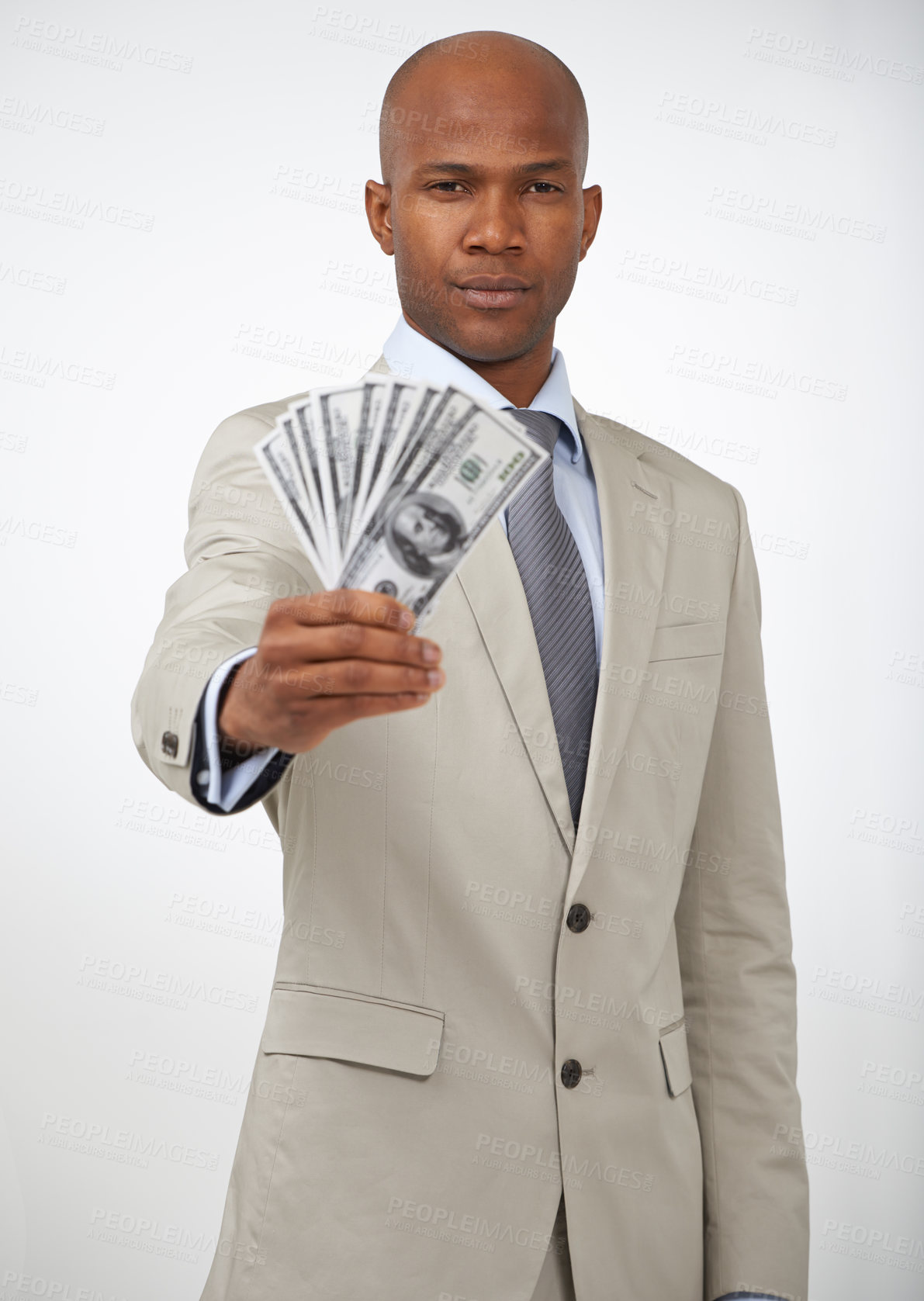 Buy stock photo Black man, portrait and money fan for finance, wealth or savings on a gray studio background. Businessman or employee in business fashion with cash, dollar bills or paper for financial investment