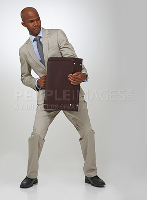 Buy stock photo Businessman, briefcase and studio as professional lawyer or prepared for opportunity, corporate or growth. Black person, suit and white background or employee ready for employment, career or mockup