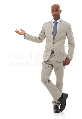 Buy stock photo Businessman, portrait and fashion with palm for advertising or marketing on a white studio background. Black man or employee showing presentation, deal or information in business clothing on mockup