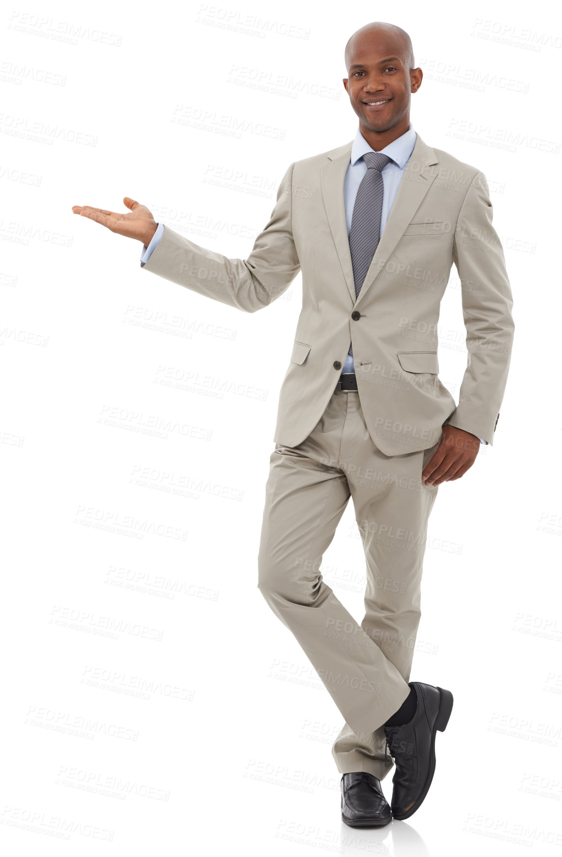 Buy stock photo Businessman, portrait and palm for advertising or marketing in fashion on a white studio background. Black man or employee showing presentation, deal or information in business clothing on mockup