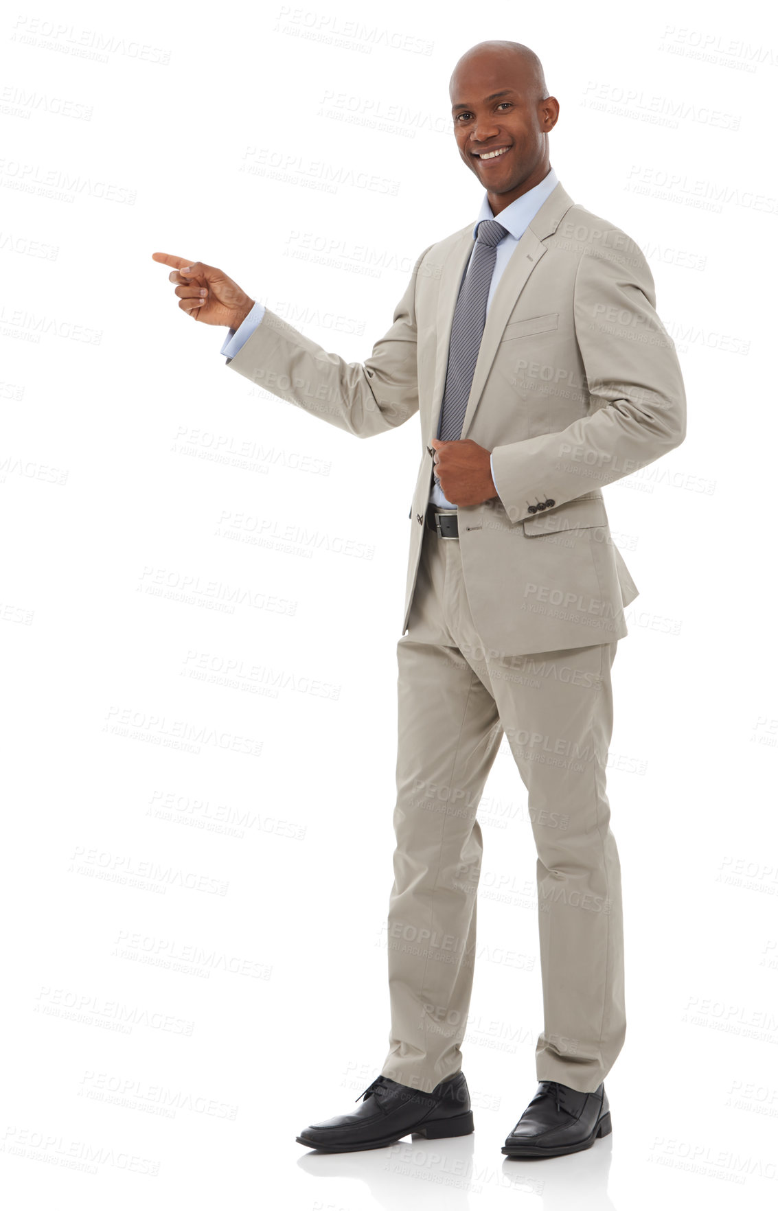Buy stock photo Businessman, portrait and pointing for advertising or marketing in fashion on a white studio background. Black man or employee showing presentation, deal or information in business clothing on mockup