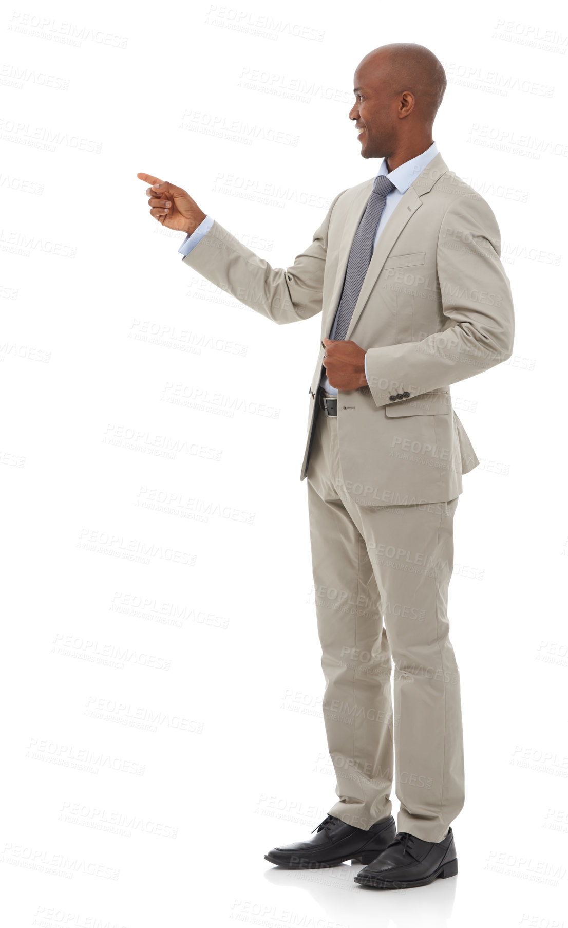 Buy stock photo Businessman, presentation and pointing for advertising or marketing on a white studio background. Black man or young employee showing choice, deal or information in business clothing on mockup space