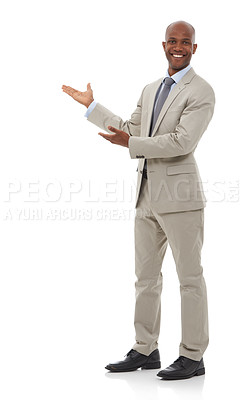 Buy stock photo Businessman, portrait and palm in fashion for advertising or marketing on a white studio background. Black man or employee show presentation, deal or information in business clothing on mockup space