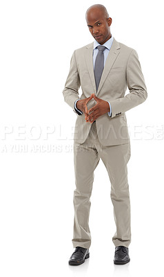 Buy stock photo Portrait, business fashion and black man confident in professional suit, studio outfit or fashionable apparel. Corporate career, company dress code and stylish agent assertive on white background