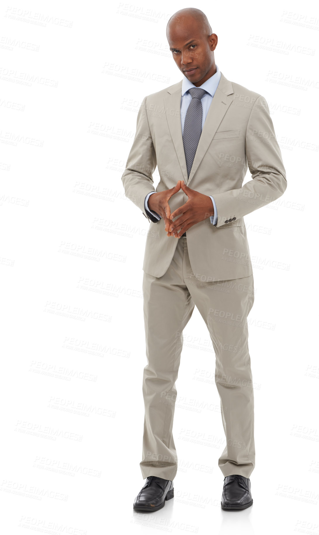 Buy stock photo Portrait, business fashion and black man confident in professional suit, studio outfit or fashionable apparel. Corporate career, company dress code and stylish agent assertive on white background