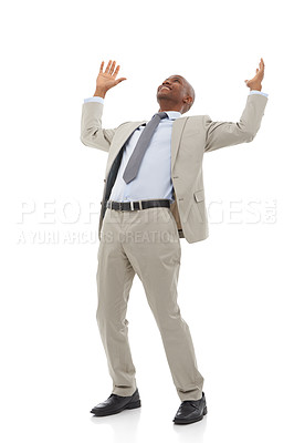 Buy stock photo Business, employee or black man with celebration, excited or worker isolated on white studio background. African person, model or entrepreneur with achievement, success or winner with victory or deal