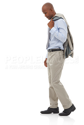 Buy stock photo Businessman, thinking and walking or corporate decision as lawyer for future growth, problem solving or opportunity. Male person, blazer and white background in studio or question, thoughts or mockup