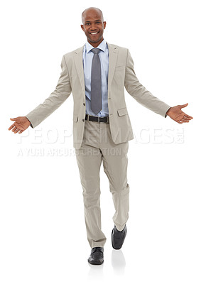 Buy stock photo Happy businessman, portrait and fashion in style for career, job or suit on a white studio background. Black man or employee smile in business clothing with hands out of professional in confidence