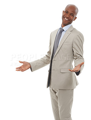 Buy stock photo Happy businessman, portrait and hands out in fashion for career, job or suit on a white studio background. Black man or employee smile in business clothing of professional in confidence on mockup