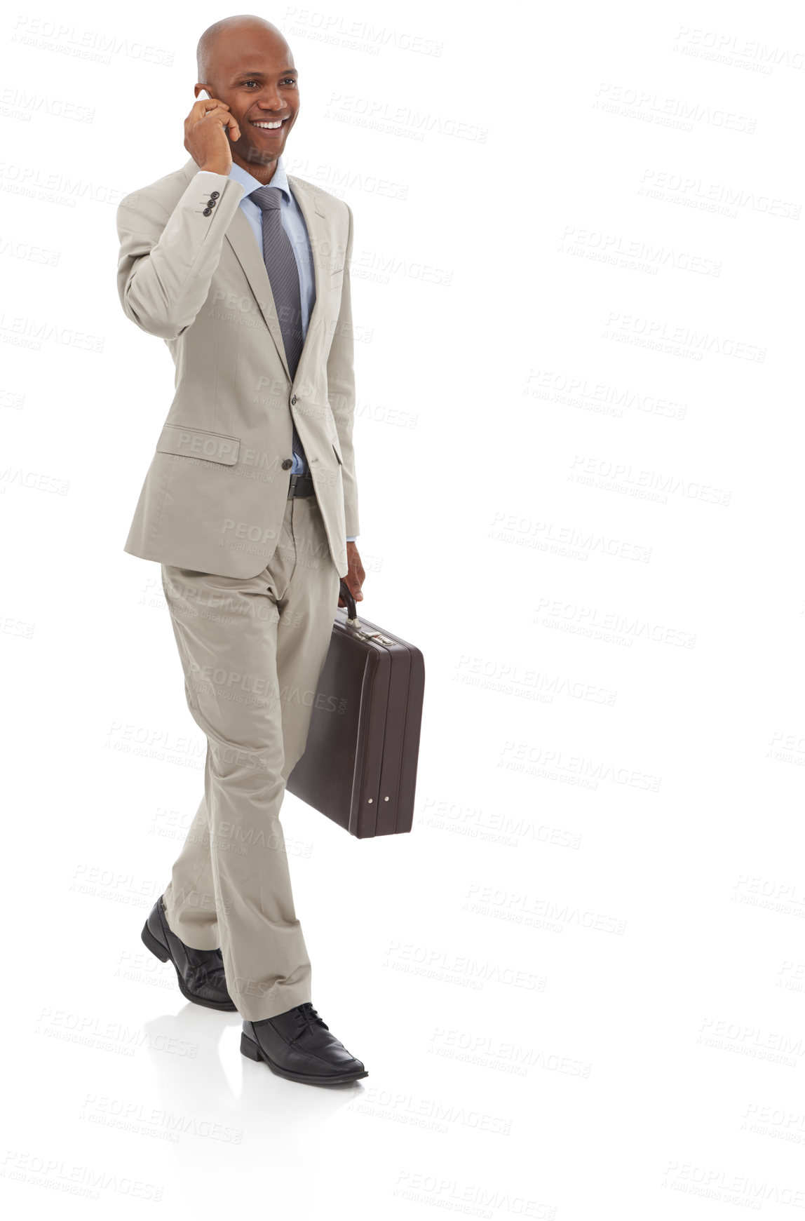 Buy stock photo Happy businessman, phone call and walking with suitcase for discussion on a white studio background. Black man or employee smile talking on mobile smartphone with briefcase in conversation on mockup