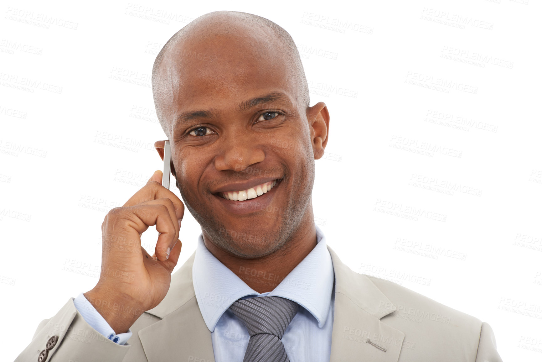 Buy stock photo Businessman, portrait and phone call talking in studio or company networking as lawyer, communication or deal. Black person, mobile device and white background or corporate decision, chat or mockup