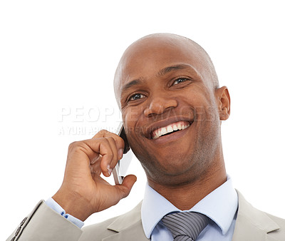 Buy stock photo Businessman, phone call and conversation in studio or networking as lawyer, communication or deal. Black person, mobile device and white background or corporate smile for client, good news or mockup