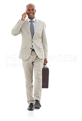 Buy stock photo Happy businessman, portrait and phone call with suitcase for discussion on a white studio background. Black man or employee smile talking on mobile smartphone with briefcase in conversation on mockup