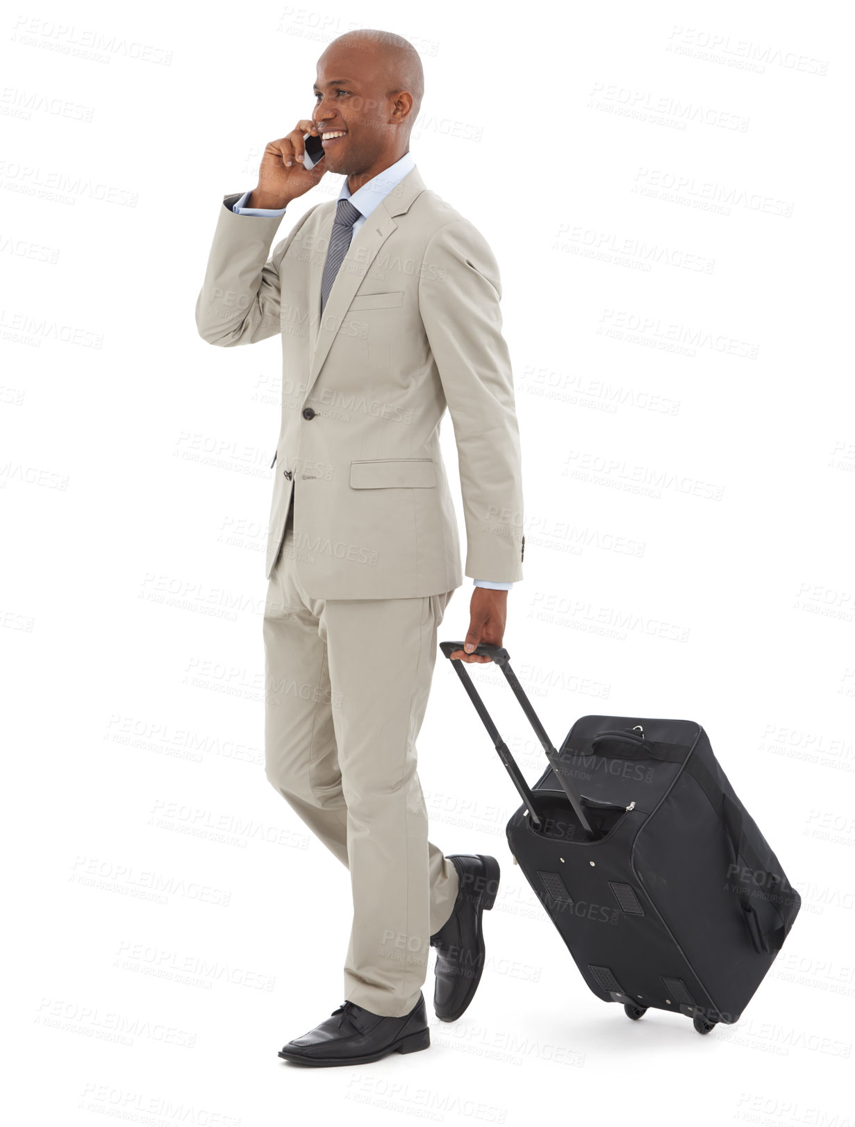 Buy stock photo Phone call, studio or black man with luggage to travel to airport isolated on a white background. Happy African professional, mobile communication or suitcase in conversation, walk or business flight