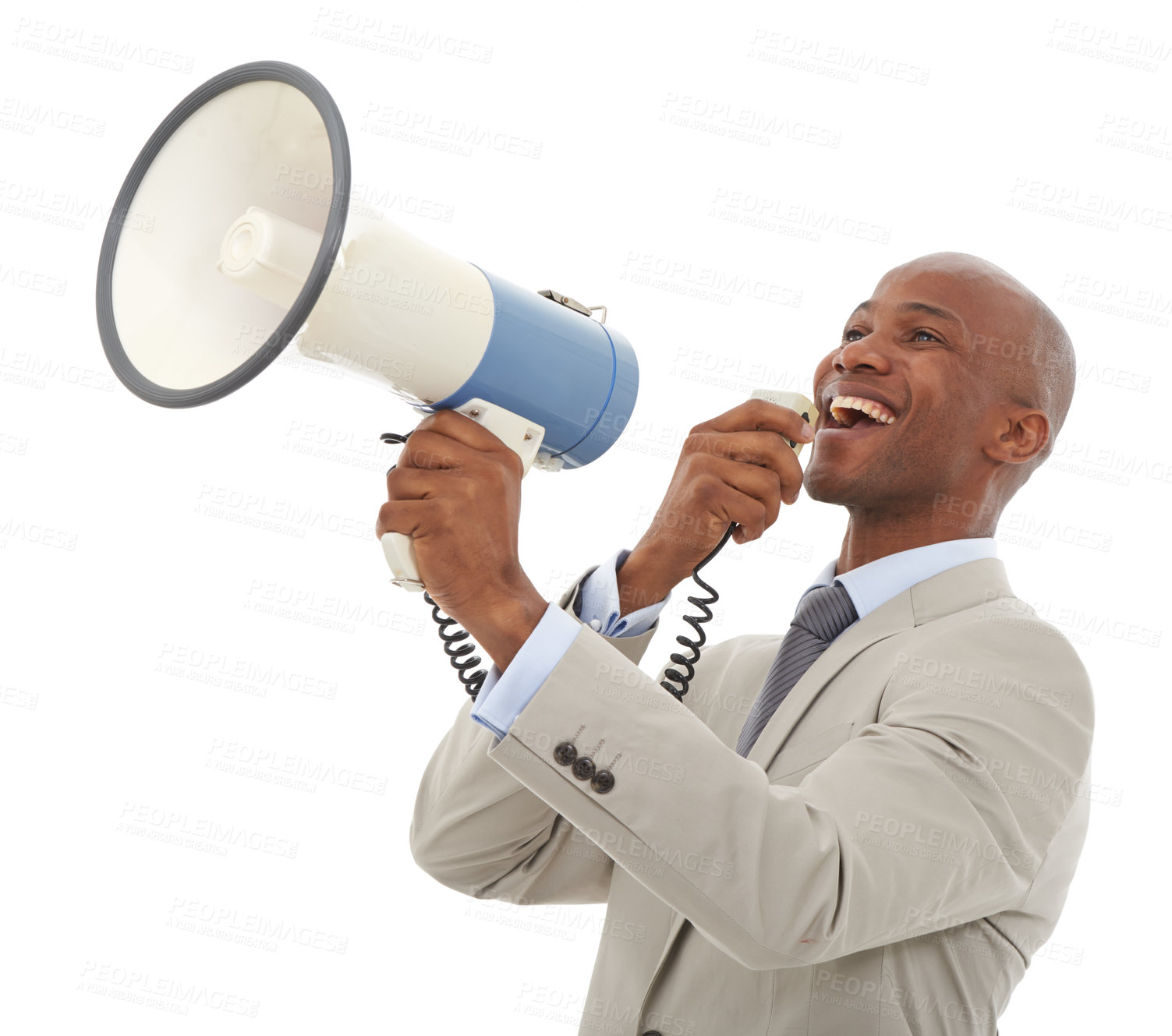 Buy stock photo Happy black man, megaphone and business announcement for communication on a white studio background. African person, employee or businessman smile with loudspeaker for alert or notification on mockup