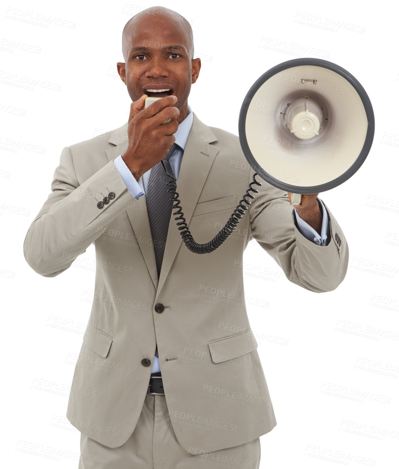 Buy stock photo Megaphone, portrait or African businessman shouting or talking in studio on white background. Professional worker screaming with speaker for corporate announcement, breaking news or communication 