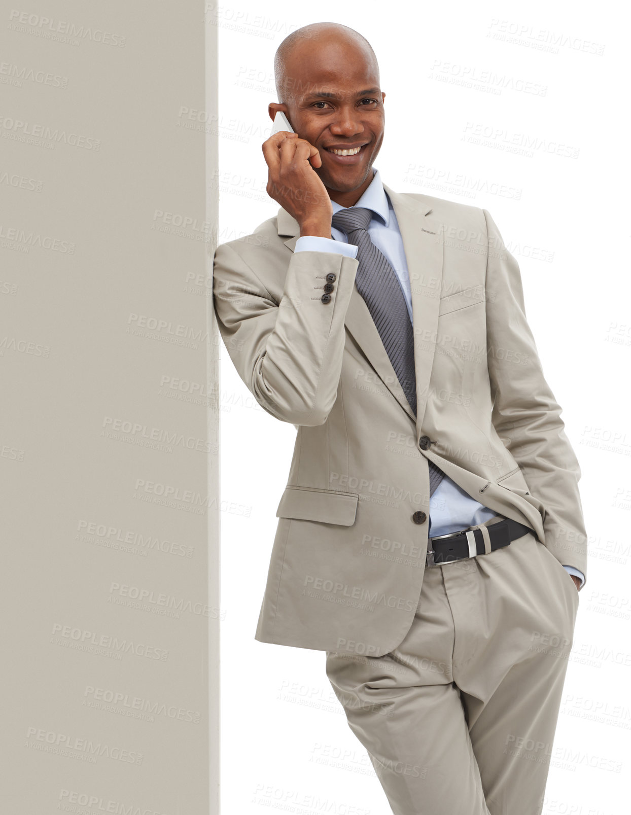 Buy stock photo Phone call, wall and portrait of business black man on mobile consultation, networking and consulting on sales promo. Studio space, smartphone announcement and consultant leaning on white background
