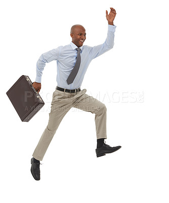Buy stock photo Happy businessman, jump and suitcase in joy for success or celebration on a white studio background. Excited young African male person leaping with smile in fashion or formal clothing on mockup space