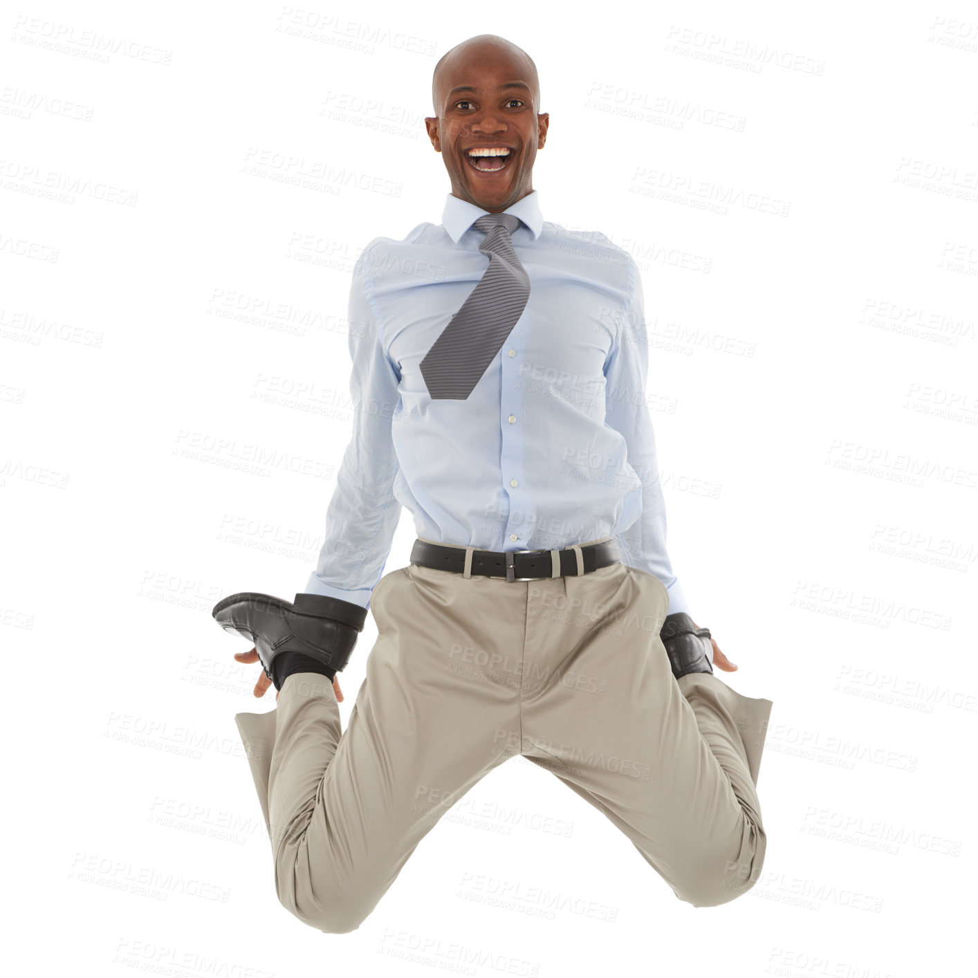 Buy stock photo Happy black man, portrait and jump for business, success or celebration on a white studio background. Excited African male person leaping with joy and smile in fashion or formal clothing on mockup