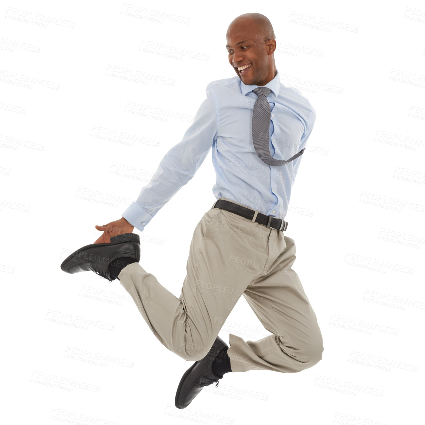 Buy stock photo Happy businessman, jump and joy for success, freedom or celebration on a white studio background. Excited young black man leaping with smile in business fashion or formal clothing on mockup space