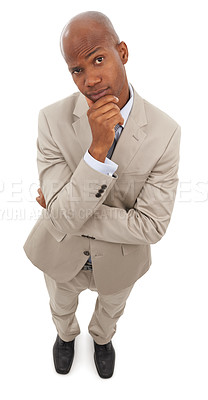 Buy stock photo Studio portrait, thinking and professional black man serious for business work, career vocation or job experience. Skeptical, focus and top view of African businessman isolated on white background