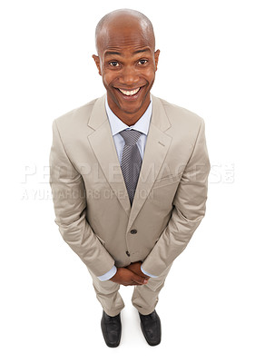 Buy stock photo Professional portrait, top view and happy black man for business services, career work or realtor job experience. Studio, positive attitude and excited agent smile for good news on white background