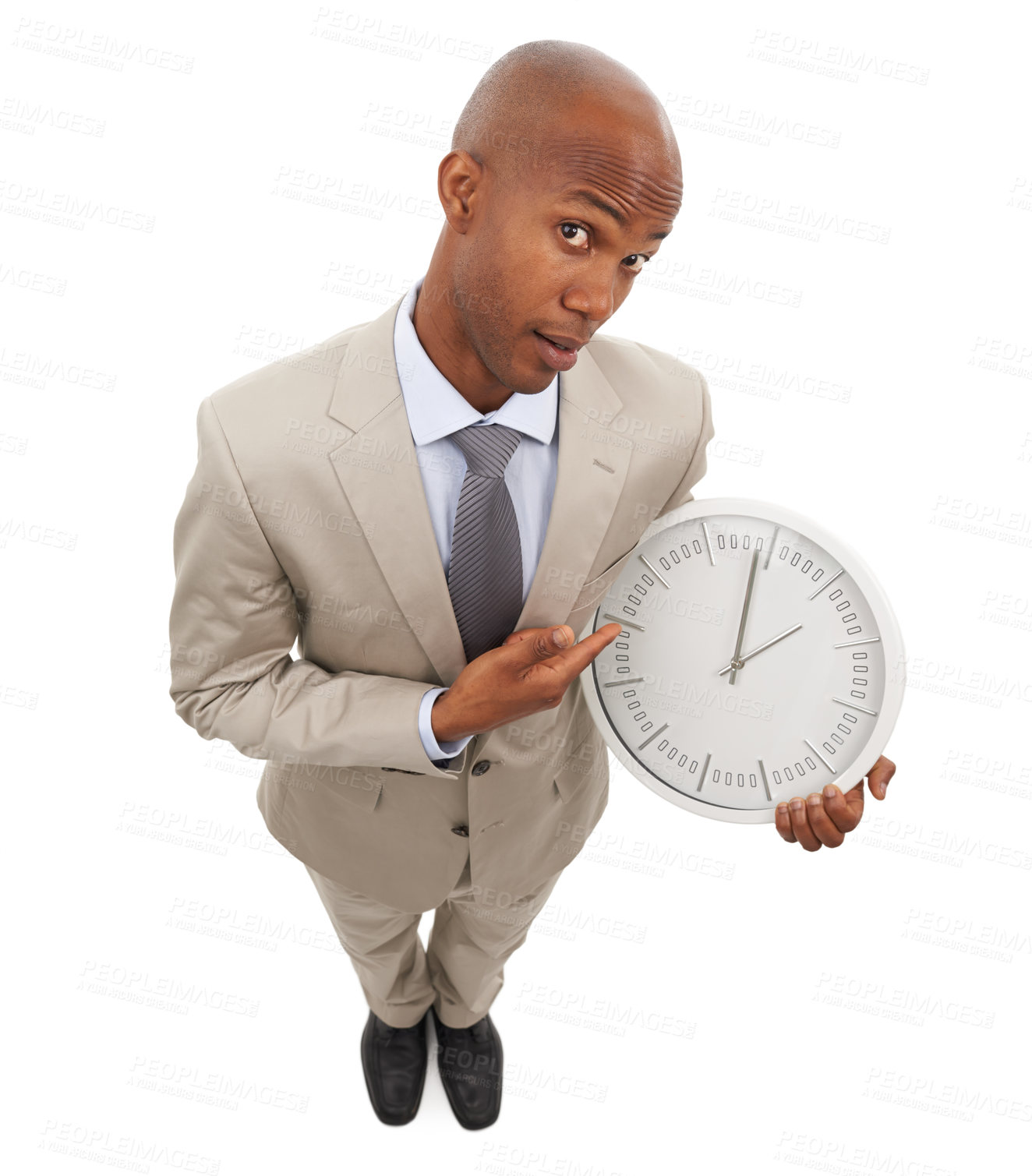 Buy stock photo Businessman, portrait and face clock for corporate professional lawyer for deadline, hurry or time management. Black person, point and white background in studio for company efficient, hour or mockup