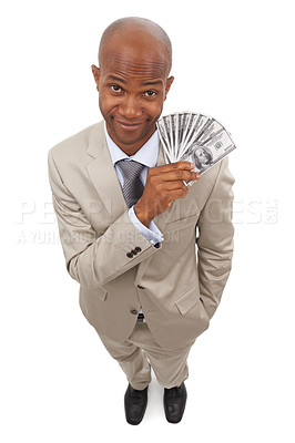Buy stock photo Happy businessman, portrait and money fan for savings, investment or growth on a white studio background. Face of young black man smile with cash, dollar bills or finance profit in financial freedom