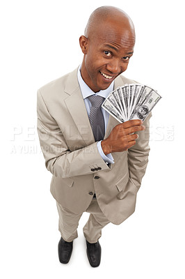 Buy stock photo Happy black man, portrait and money fan for savings, investment or growth on a white studio background. Face of young businessman smile with cash, dollar bills or finance profit in financial freedom