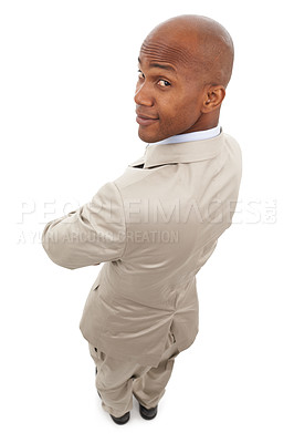 Buy stock photo Portrait, looking over shoulder and black man with startup, suit and employee isolated on a white studio background. Face, back and entrepreneur with business attire, professional and confident guy