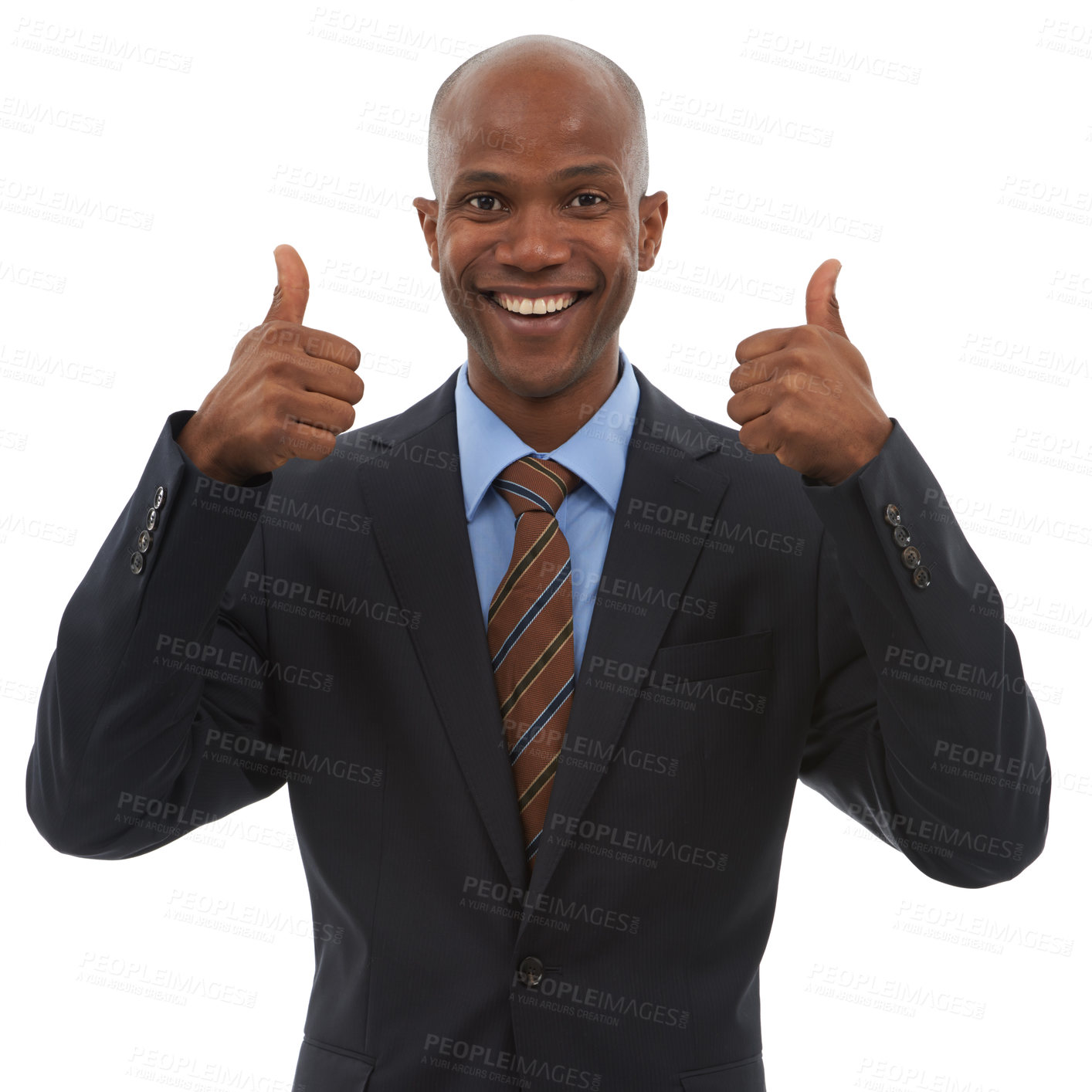 Buy stock photo Happy businessman, portrait and thumbs up for success, good job or thank you on a white studio background. Face of black man or employee smile with like emoji, yes sign or OK for business agreement