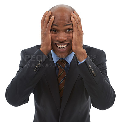 Buy stock photo Frustrated businessman, portrait or stress in anxiety with facial expression on a white studio background. Face of black man or employee with mental disorder in anticipation, burnout or bipolar 
