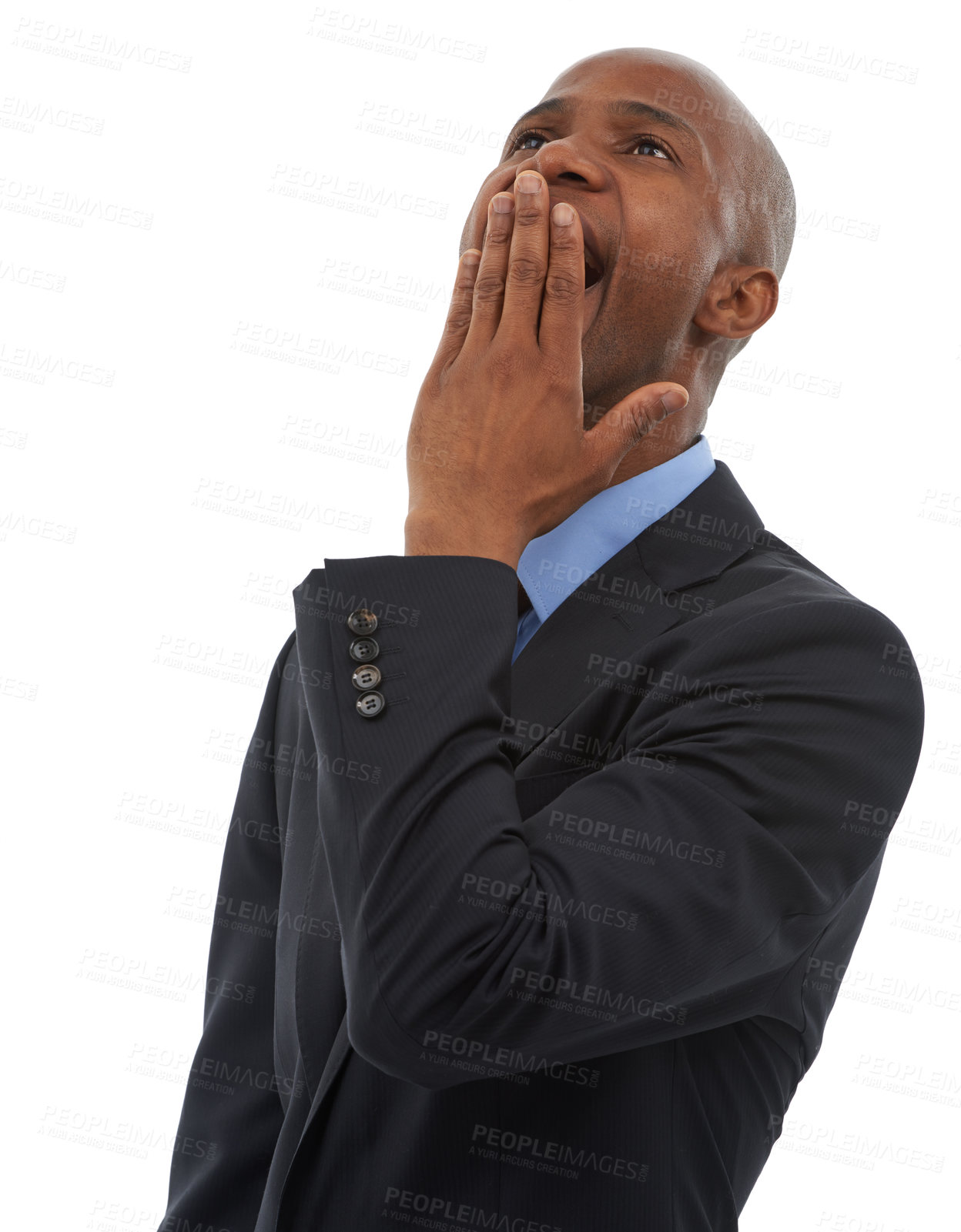Buy stock photo Yawn, business and tired with black man, fatigue and employee isolated on a white studio background. African person, entrepreneur and consultant with fatigue, exhausted and overworked with burnout