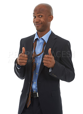Buy stock photo Businessman, portrait and thumbs up for corporate deal in studio for attorney client, winning or agreement. Male person, face and hand gesture on white background for goals, growth or mockup space