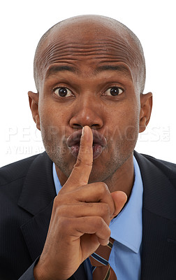 Buy stock photo Black man, portrait and hand for business secret, gossip or confidential information on a white studio background. Face of African businessman with finger on lips in silence, whisper or quiet gesture