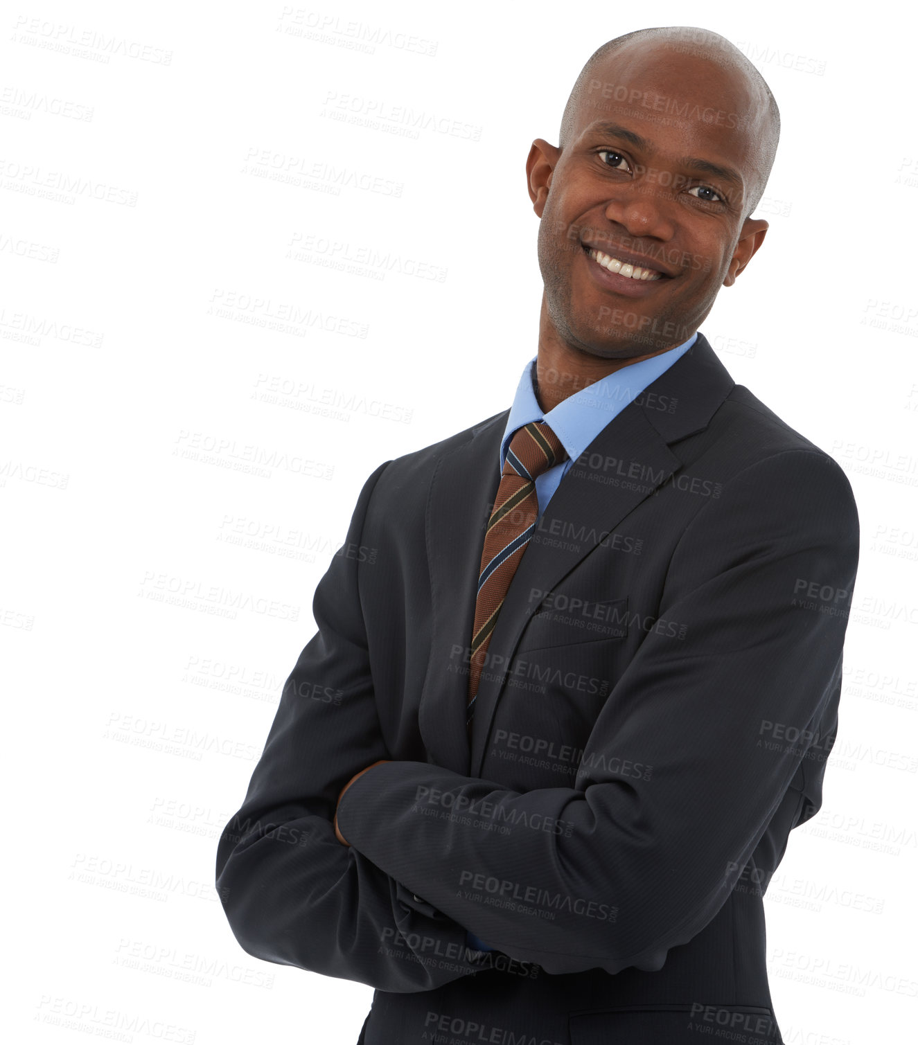 Buy stock photo Happy businessman, portrait and professional in fashion, suit or confidence on a white studio background. Black man or African employee smile in business clothing for job or career ambition on mockup