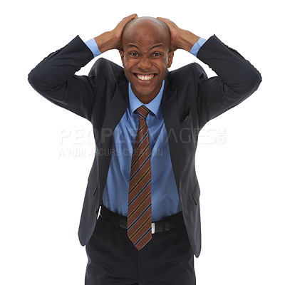 Buy stock photo Excited, surprise and portrait of business black man on white background with good news, success and prize. Corporate worker, happy and isolated person for promotion, bonus and winning in studio