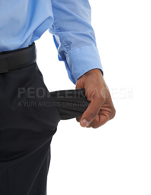 Buy stock photo Person, hands and empty pocket in debt as business professional or no money, financial crisis or bankrupt. Fingers, pants and stock market crash or bills problem in studio, white background or mockup