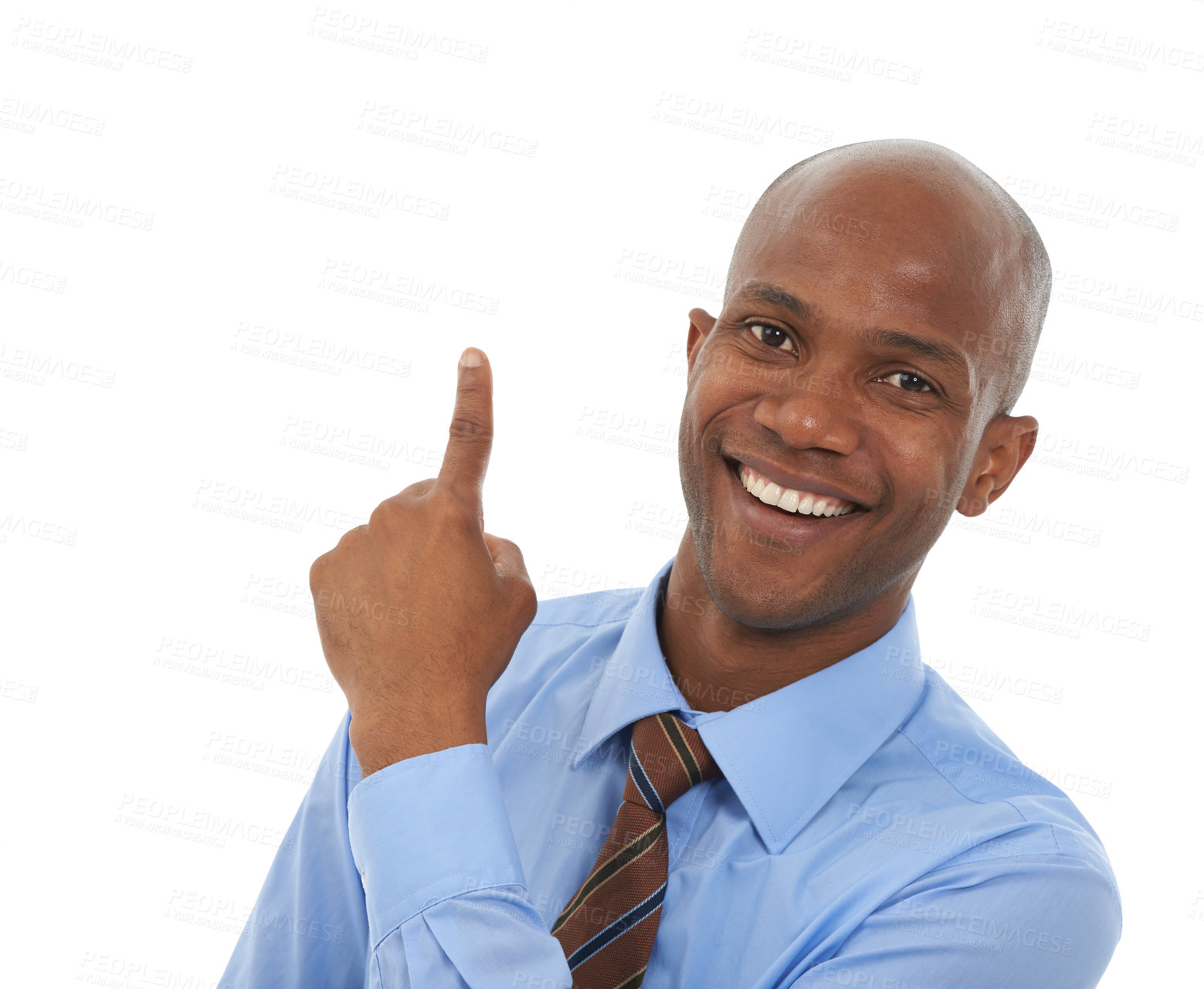 Buy stock photo Happy black man, portrait and pointing in advertising or marketing business on a white studio background. Face of African businessman or employee smile showing notification or alert on mockup space