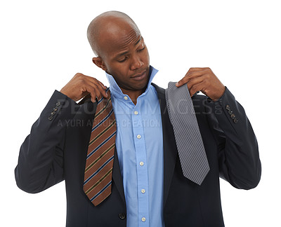 Buy stock photo Man, tie and choice for business clothes as corporate lawyer for new job opportunity, professional or white background. Black person, formal fashion and decision or options thinking, mockup or studio
