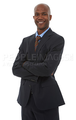 Buy stock photo Accountant, portrait and black man in suit with arms crossed, confidence and smile with pride in white background. Finance, businessman and happy professional entrepreneur and work mindset in studio