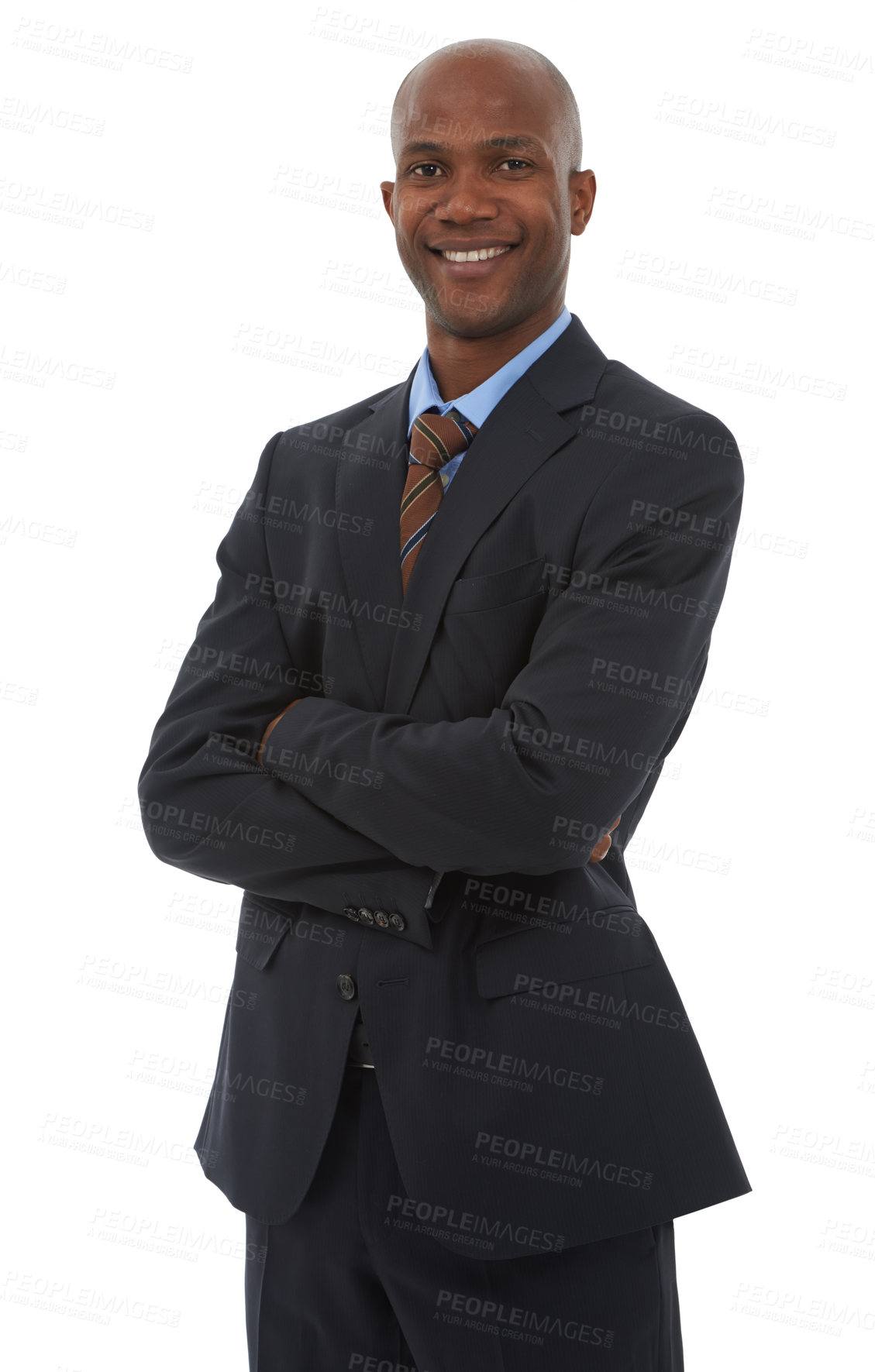 Buy stock photo Accountant, portrait and black man in suit with arms crossed, confidence and smile with pride in white background. Finance, businessman and happy professional entrepreneur and work mindset in studio