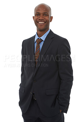 Buy stock photo Happy, lawyer and portrait of black man in suit with confidence and pride in white background of studio. Legal, businessman or professional consultant or advisor smile in formal tie with work mindset