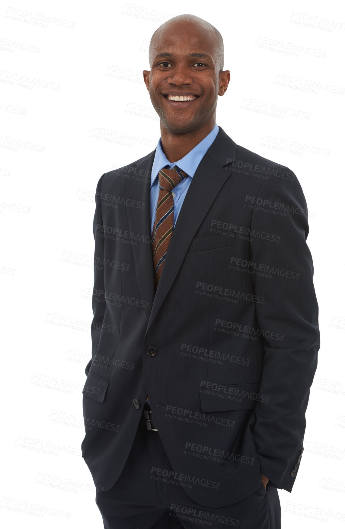 Buy stock photo Happy, lawyer and portrait of black man in suit with confidence and pride in white background of studio. Legal, businessman or professional consultant or advisor smile in formal tie with work mindset
