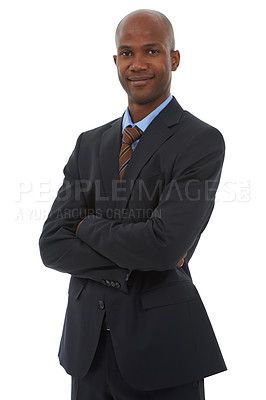 Buy stock photo Corporate, portrait of black man in suit with arms crossed, confidence and pride in white background of studio. Happy, businessman and professional entrepreneur with formal, tie and fashion for work