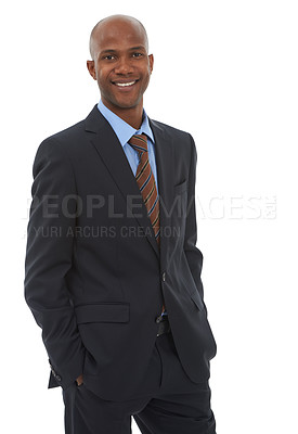 Buy stock photo Businessman, portrait and smile in studio for confidence as attorney for corporate deal, clients or professional. Male person, face and white background or pride as entrepreneur, mockup or startup