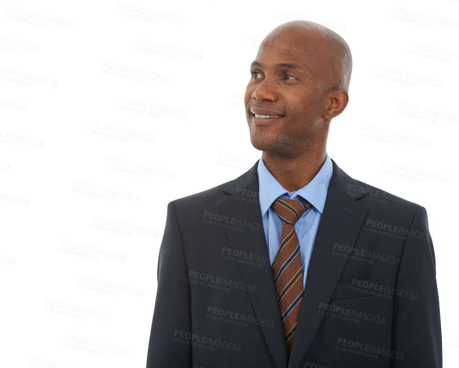 Buy stock photo Business, smile and thinking with black man, ideas and entrepreneur isolated on a white studio background. African person, model or employee with questions, decision and solution with problem solving