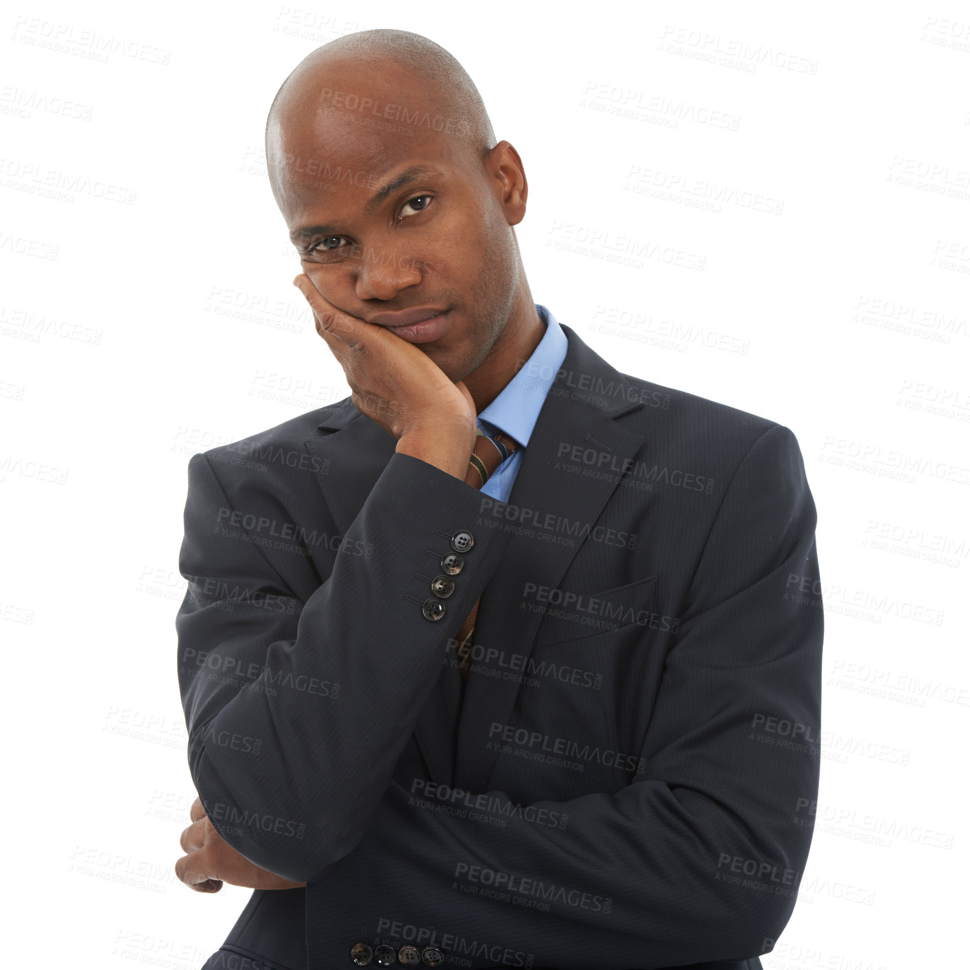 Buy stock photo Bored, white background and portrait of business black man with upset, annoyed and frustrated reaction. Professional, corporate worker and face of isolated tired person with depression in studio 